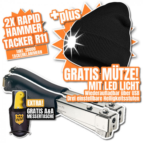 2 x Rapid Hammertacker R11 + 20.000 Klammern und Messertasche + Messer PLUS LED-Beanie