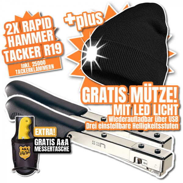 2 Hammertacker R19 + 25.000 Klammern + LED Beanie-Mütze